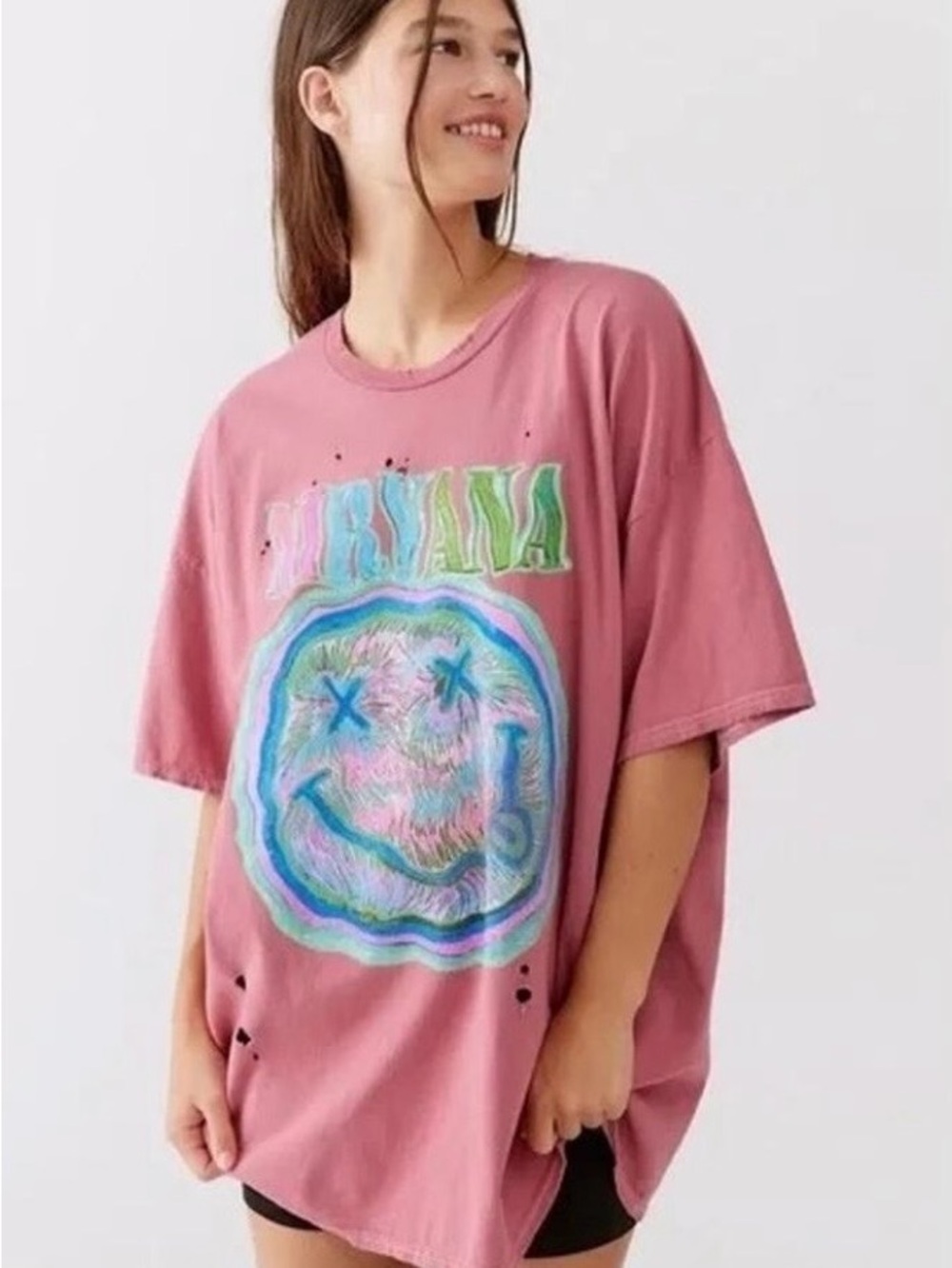 NWOT!  Urban Outfitters Nirvana Graphic Vintage Washed Holes Dark Pink Tee ~L/XL